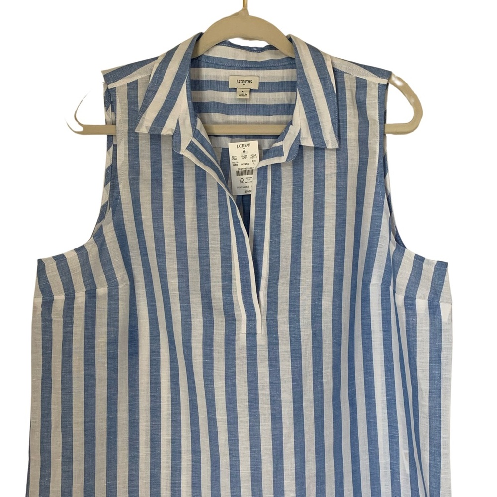 J.Crew Women's Sleeveless Linen Tunic Top Blue Stripe Split Neck Size Large NWT